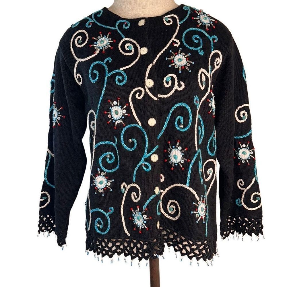 Vintage‎ Design Options Phillip & Jane Gordon Womens Artsy Embroidered Cardigan